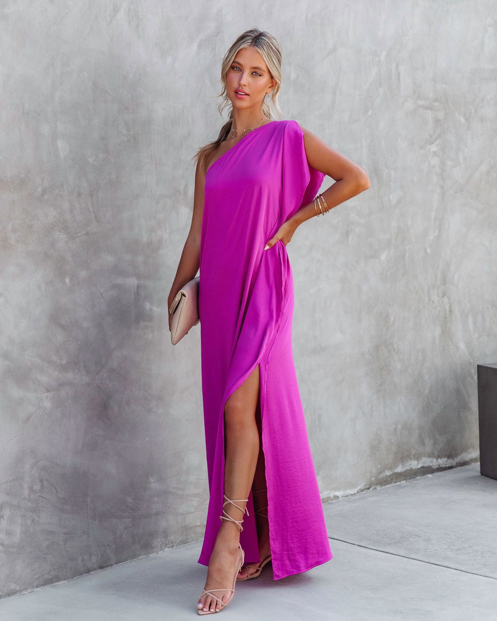 Gala Affair Satin One Shoulder Maxi Dress sold by Vici