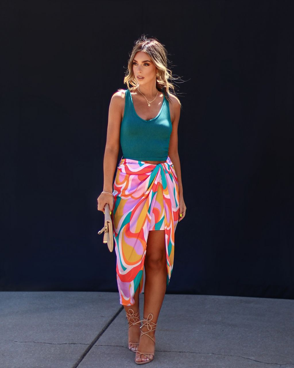 Nikki Beach Satin Printed Midi Skirt sold by Vici