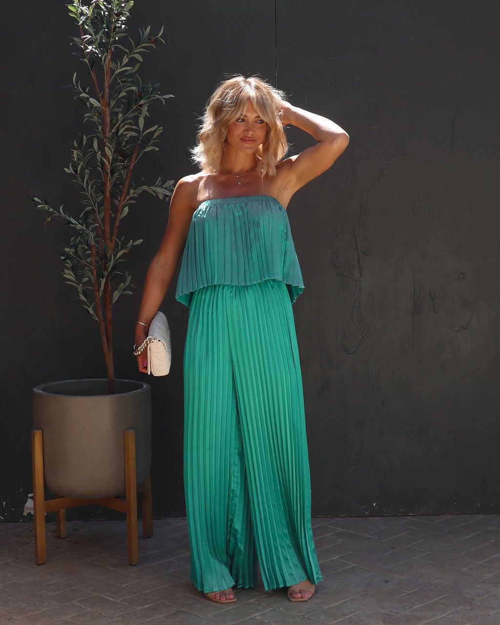 Diva Thoughts Satin Strapless Pleated Jumpsuit sold by Vici product image thumbnail 5