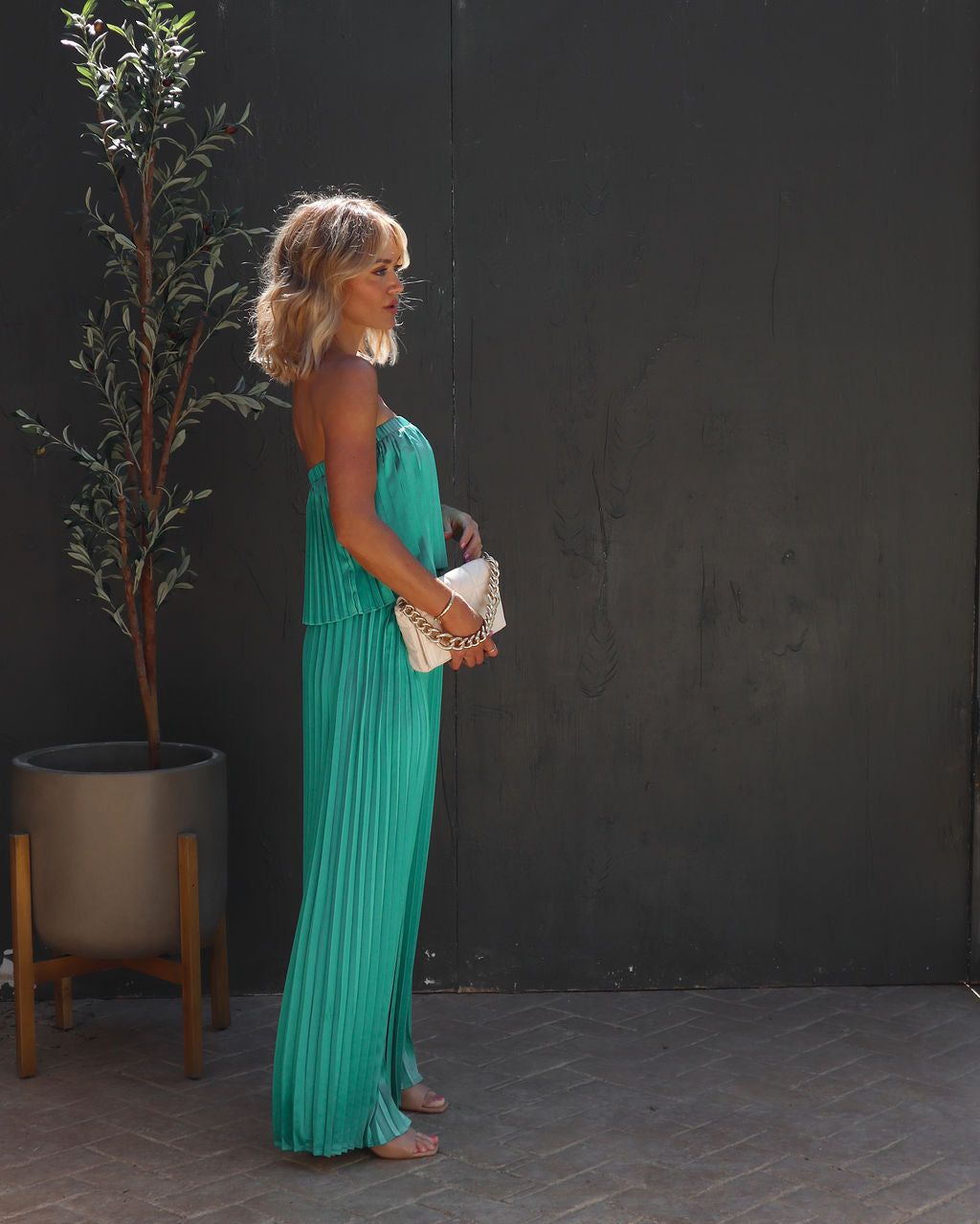 Diva Thoughts Satin Strapless Pleated Jumpsuit sold by Vici product image thumbnail 4