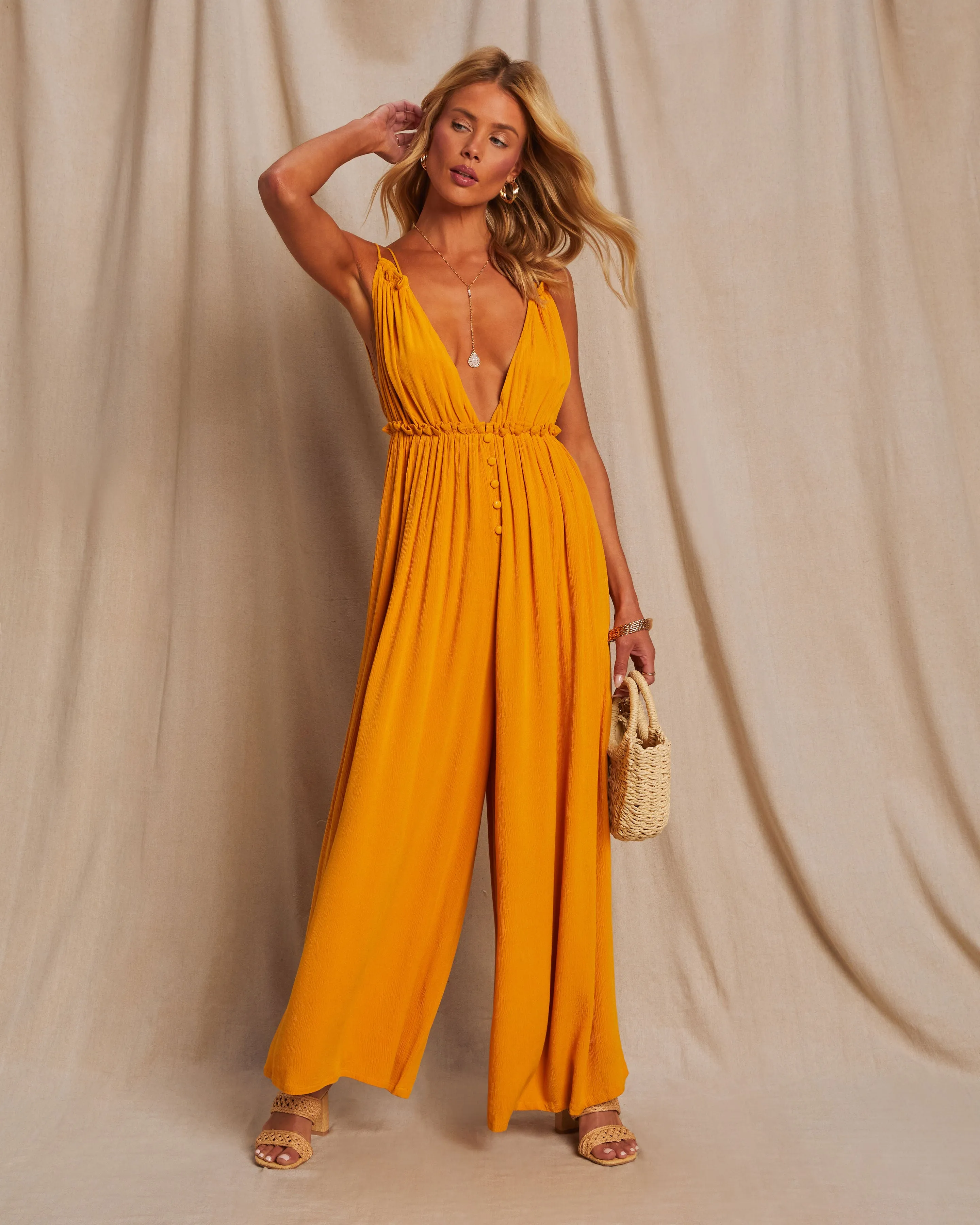 Punta Cana V-Neck Button Wide Leg Jumpsuit sold by Vici product image thumbnail 4