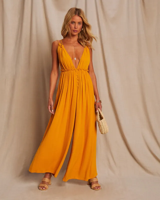 Punta Cana V-Neck Button Wide Leg Jumpsuit sold by Vici