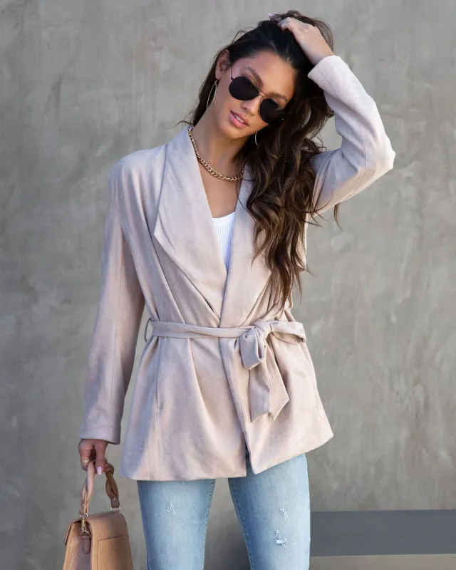 Analia Faux Suede Pocketed Waist Tie Jacket sold by Vici