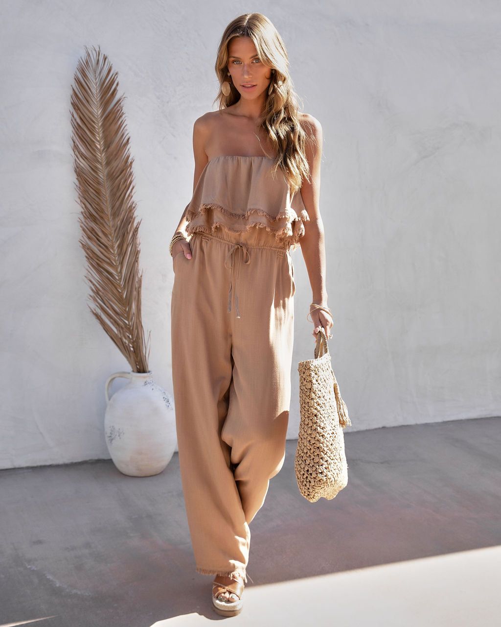 Shore Thing Babe Strapless Pocketed Frayed Hem Jumpsuit sold by Vici product image thumbnail 3