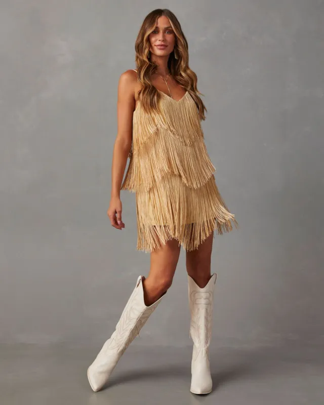 Rodeo Nights Fringe Mini Dress - Gold sold by Vici