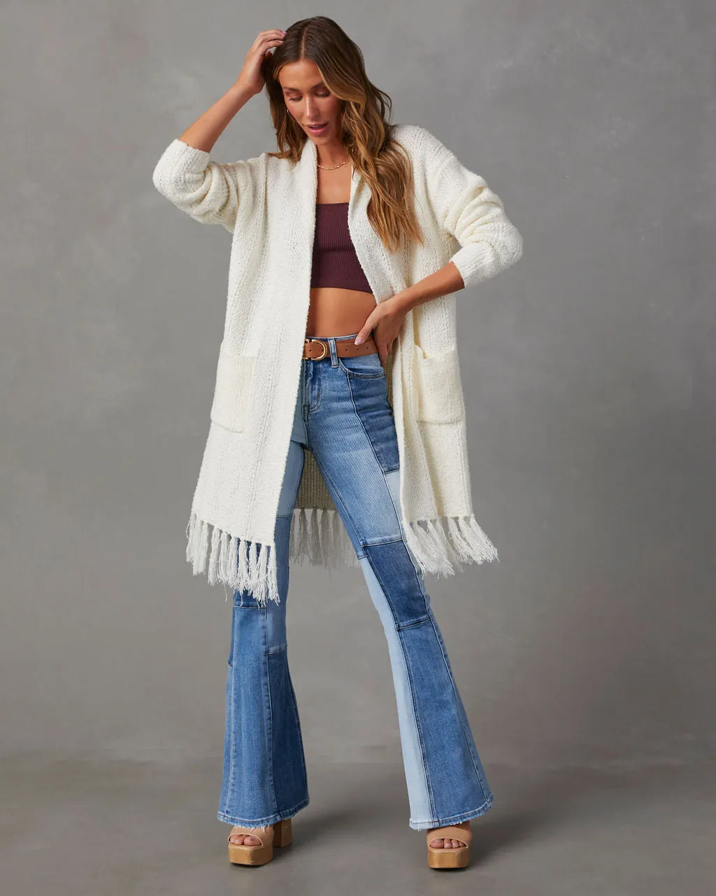 Nemah Fringe Hem Long Cardigan sold by Vici