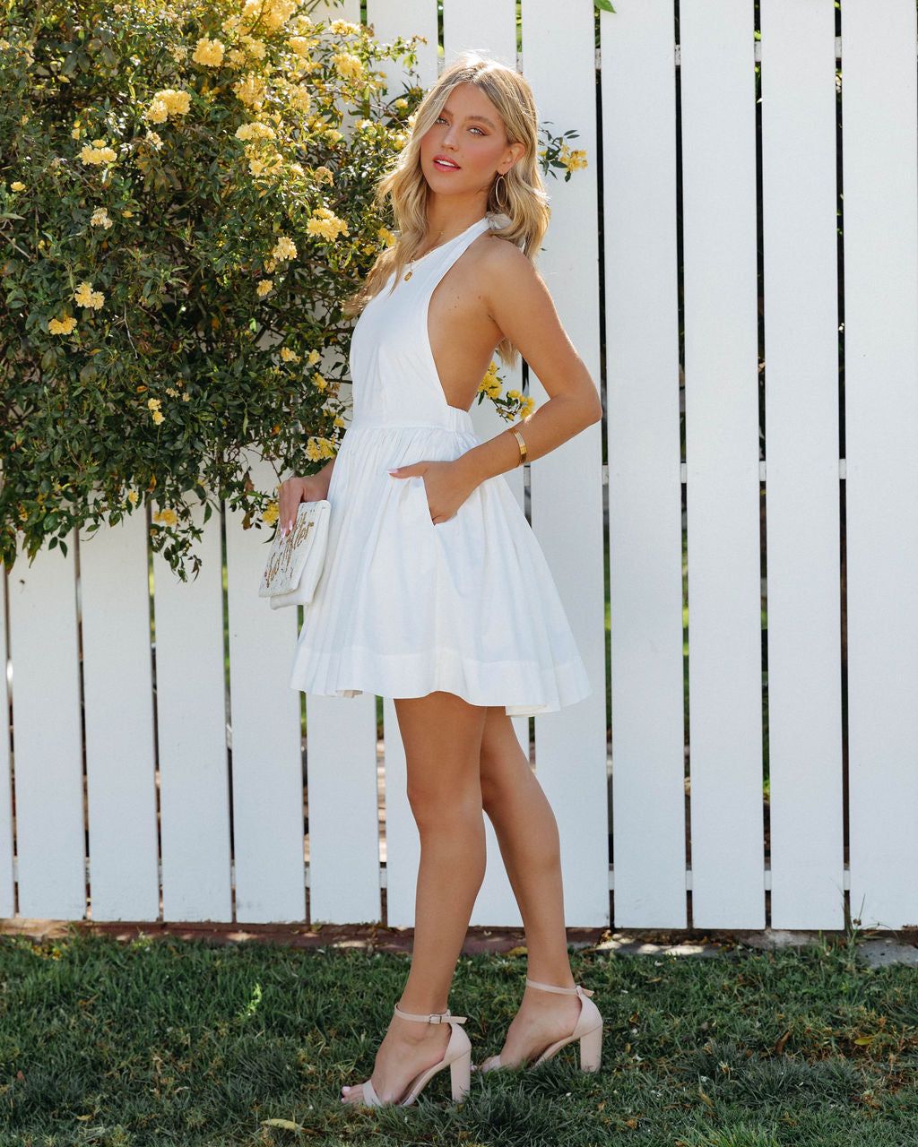 Vanie Cotton Pocketed Halter Mini Dress - Off White - FINAL SALE sold by Vici product image thumbnail 5