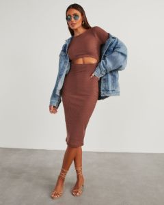 Body Language Ribbed Cutout Midi Dress - Brown sold by Vici