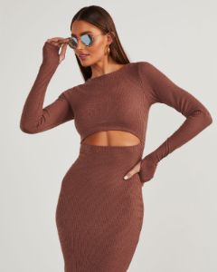 Body Language Ribbed Cutout Midi Dress - Brown sold by Vici