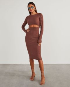 Body Language Ribbed Cutout Midi Dress - Brown sold by Vici
