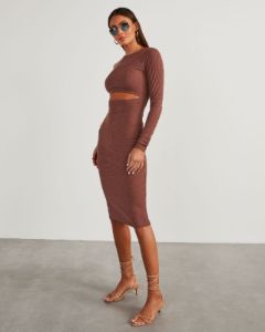 Body Language Ribbed Cutout Midi Dress - Brown sold by Vici