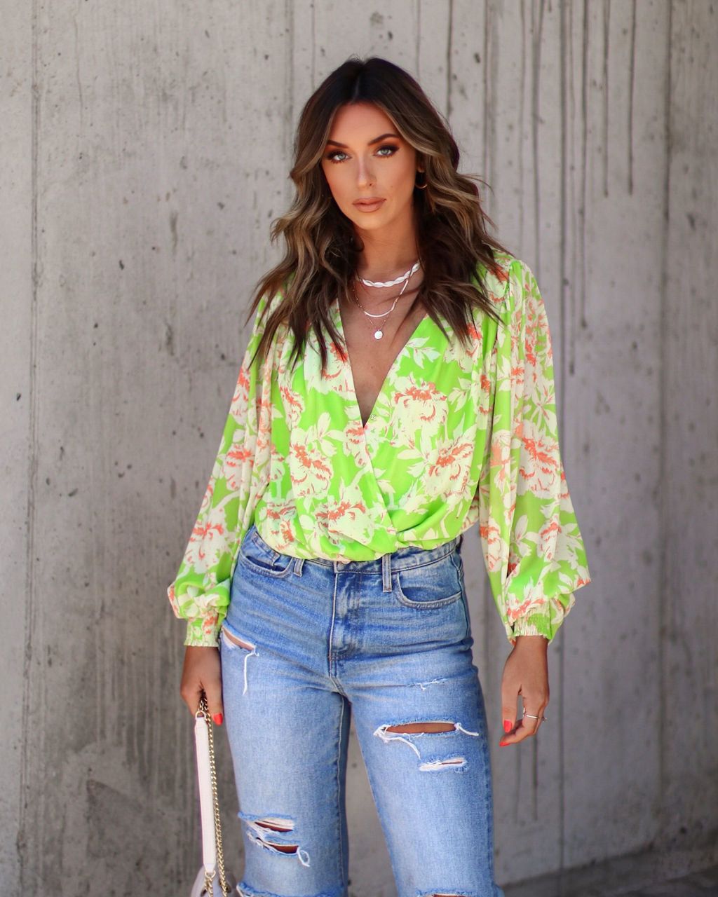Haven Floral Chiffon Balloon Sleeve Bodysuit - Lime - FINAL SALE sold by Vici