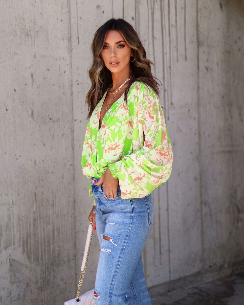 Haven Floral Chiffon Balloon Sleeve Bodysuit - Lime - FINAL SALE sold by Vici product image thumbnail 5