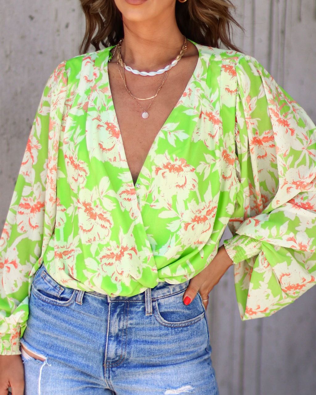 Haven Floral Chiffon Balloon Sleeve Bodysuit - Lime - FINAL SALE sold by Vici product image thumbnail 2