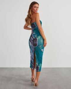 Delora Printed Mesh Strapless Midi Dress - Navy sold by Vici