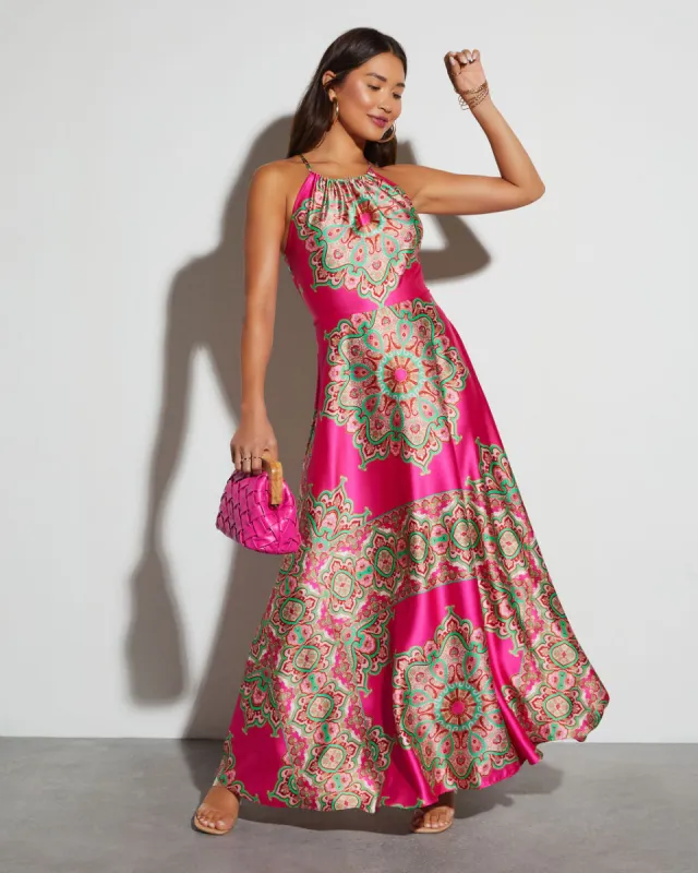 Kala Crew Empire Satin Maxi Dress sold by Vici