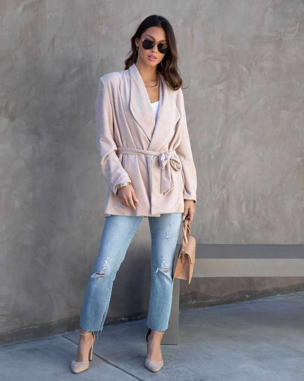 Analia Faux Suede Pocketed Waist Tie Jacket sold by Vici product image thumbnail 5