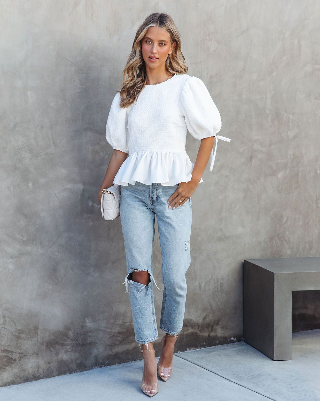 Katherina Textured Puff Sleeve Peplum Top - White - FINAL SALE sold by Vici