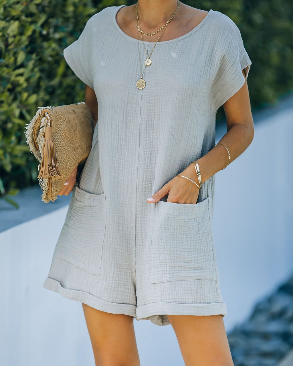 Keep Your Cool Cotton Pocketed Relaxed Romper - Haze Grey - FINAL SALE sold by Vici product image thumbnail 3