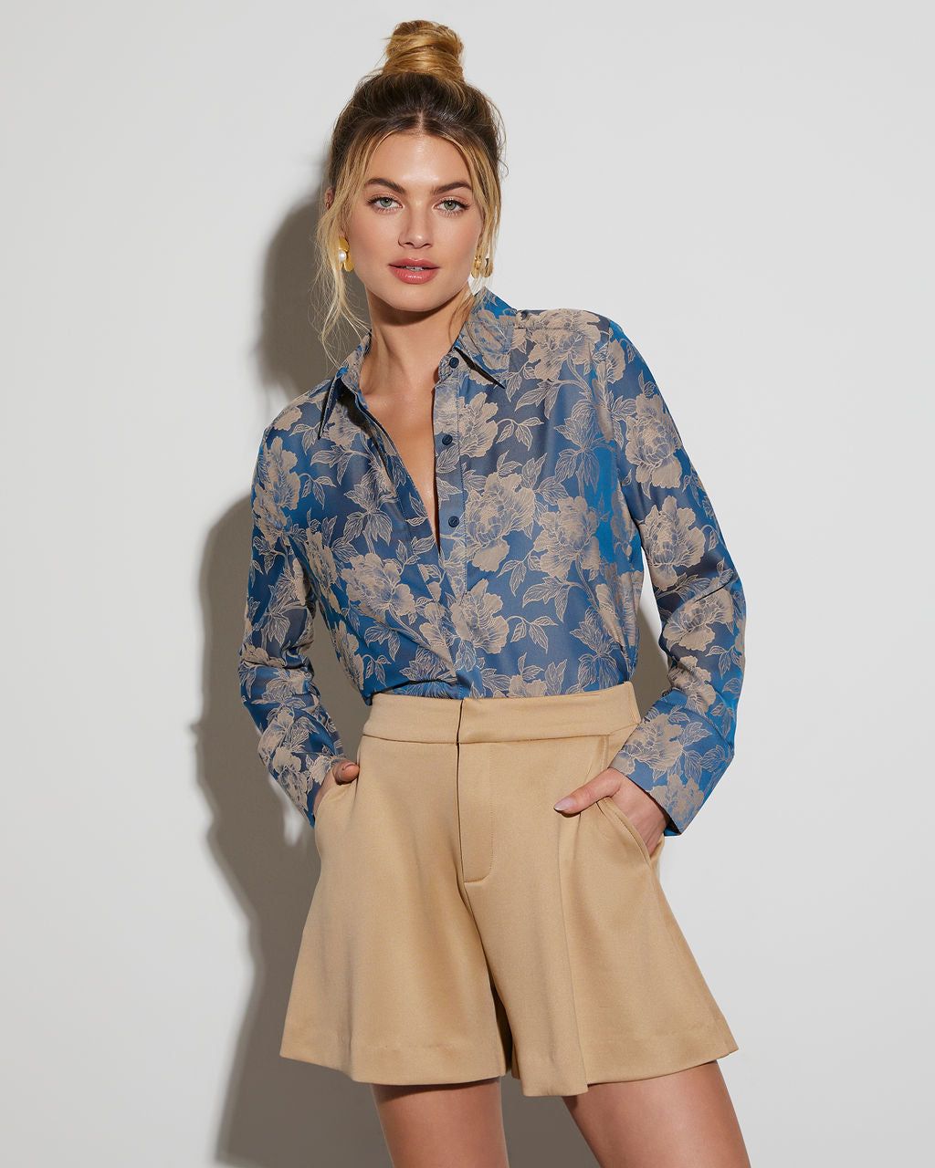 Krystal Floral Long Sleeve Button Down Top sold by Vici