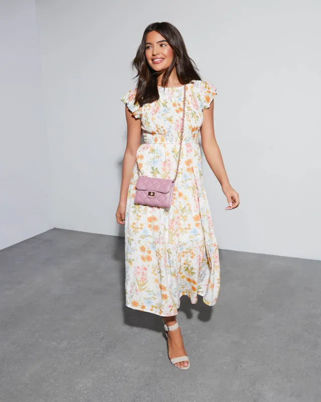 Joyful Floral Tiered Midi Dress sold by Vici