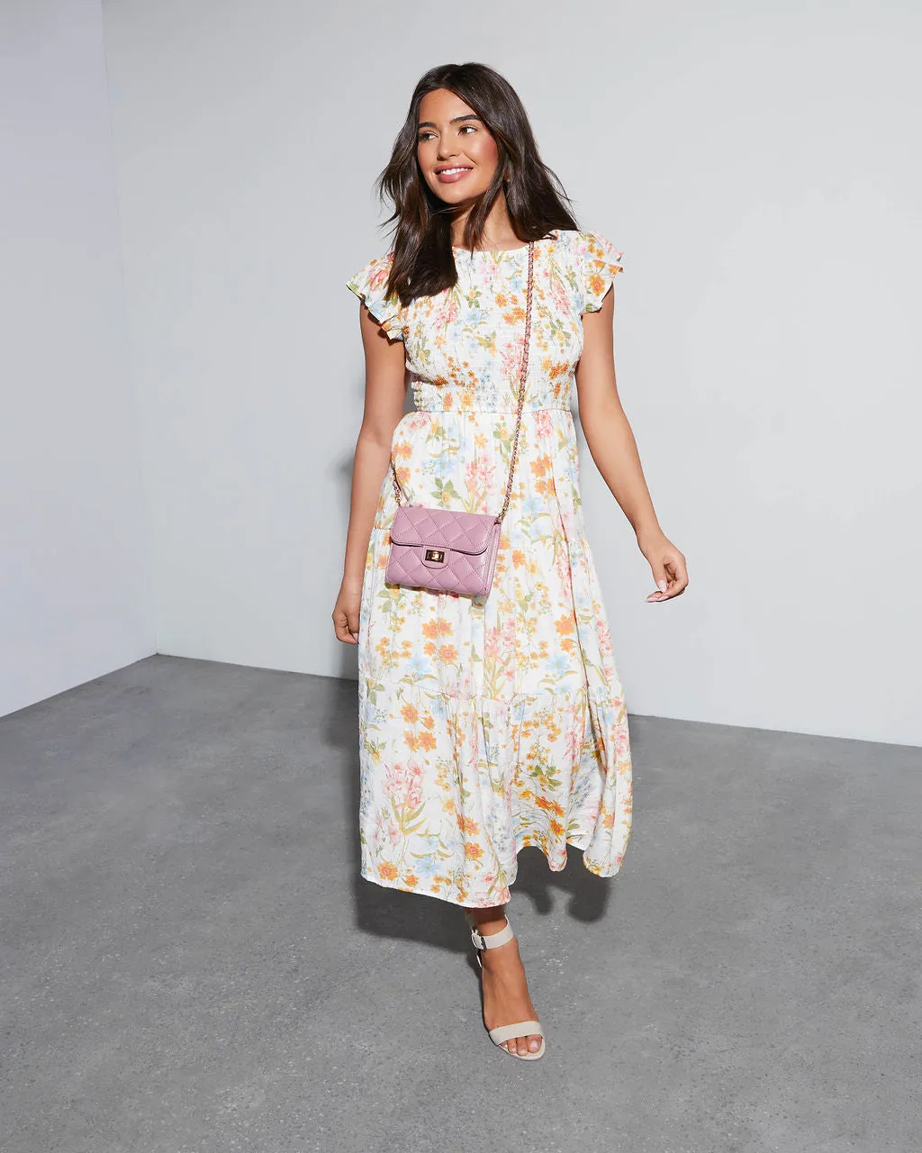 Joyful Floral Tiered Midi Dress sold by Vici