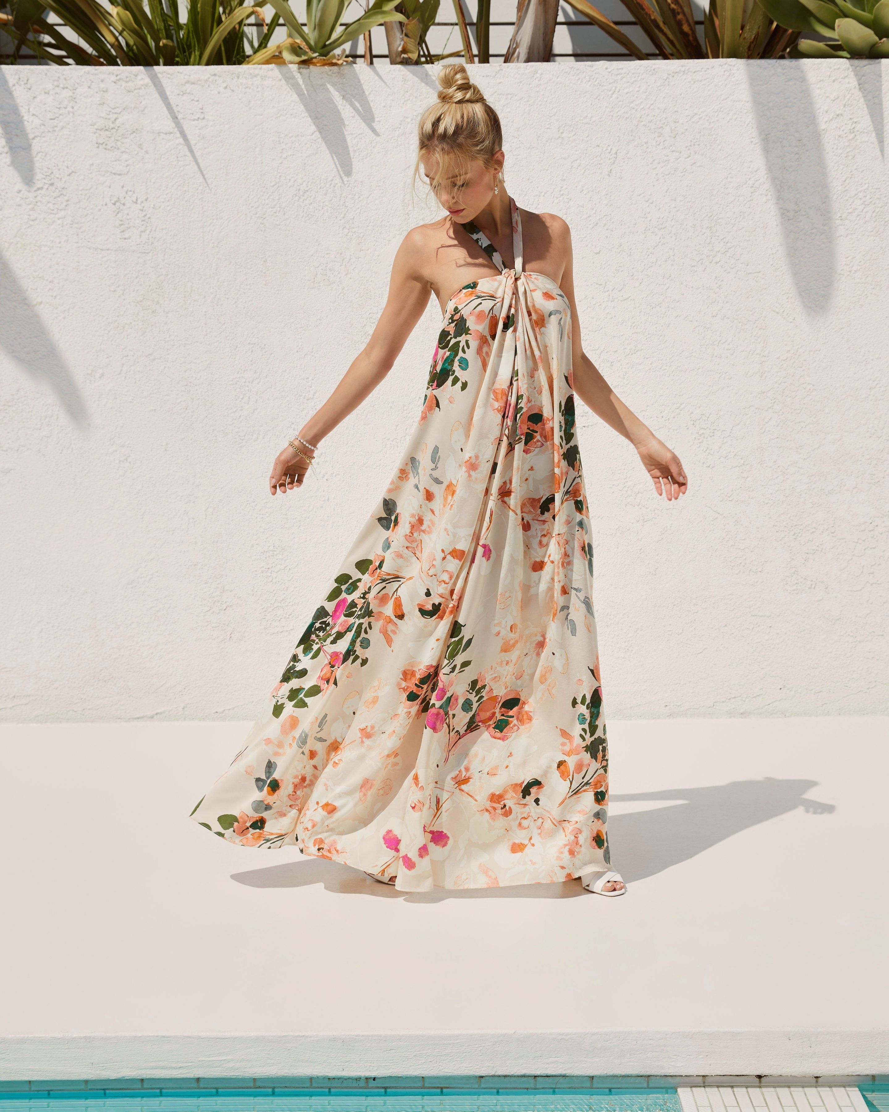 Amani Satin Floral Halter Maxi Dress sold by Vici