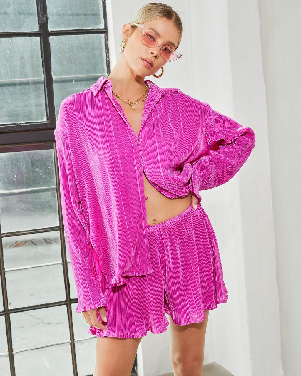 Mylette Plisse Button Down Top - Magenta - FINAL SALE sold by Vici product image thumbnail 5