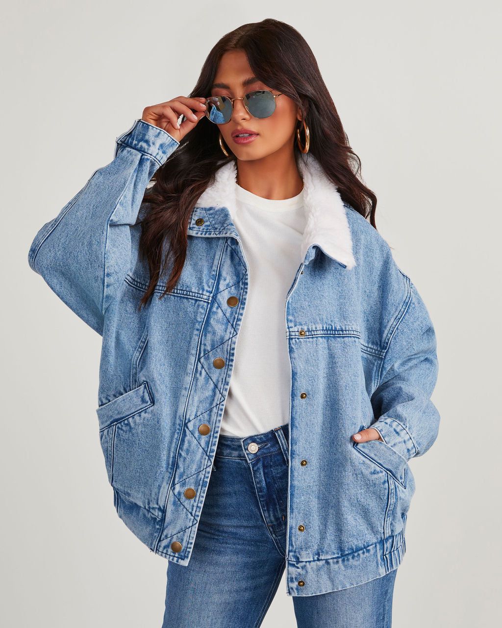 Burke Sherpa Denim Bomber Jacket sold by Vici