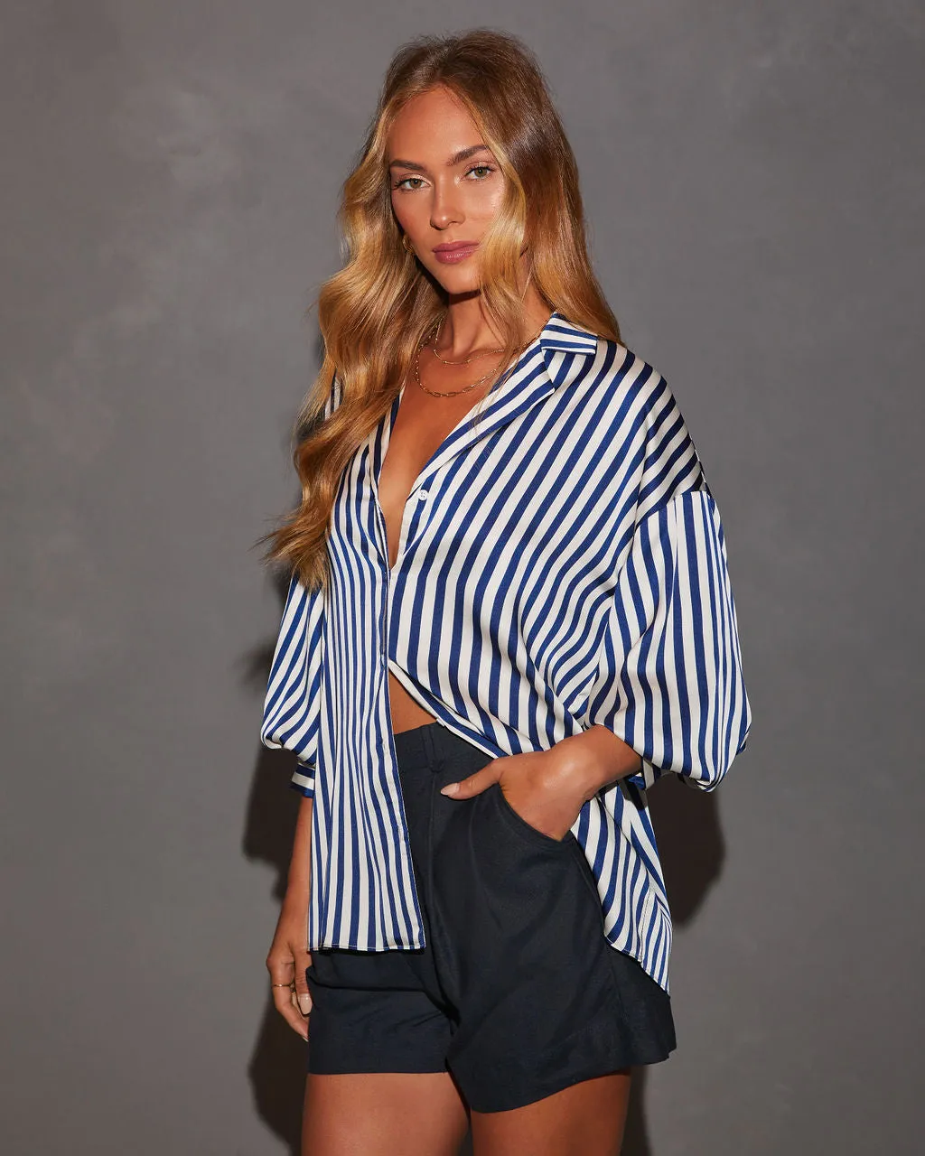 Blake Striped Blousson Sleeve Collared Satin Shirt sold by Vici product image thumbnail 4
