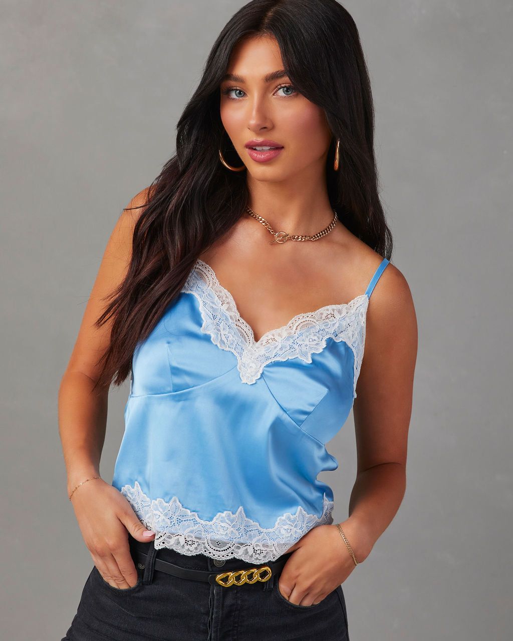 Celenia Satin Lace Trim Sleeveless Top - Light Blue - SALE sold by Vici product image thumbnail 5