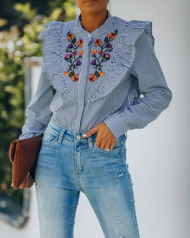 Elula Cotton Embroidered Striped Button Down Top - FINAL SALE sold by Vici