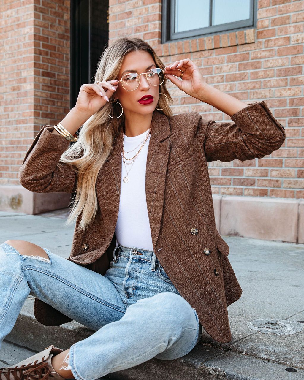 Glasgow Pocketed Herringbone Blazer sold by Vici