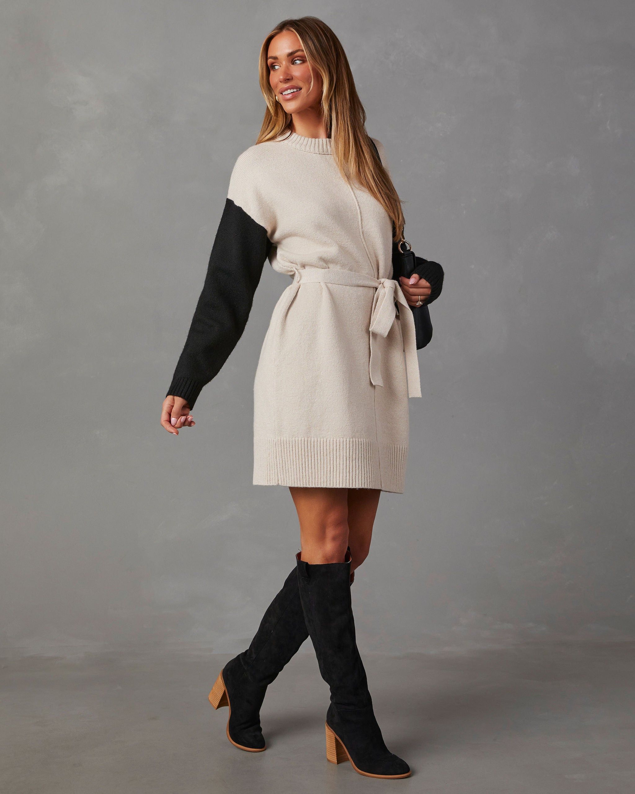 Randey Tie Waist Mini Sweater Dress - Ivory/Black sold by Vici product image thumbnail 3