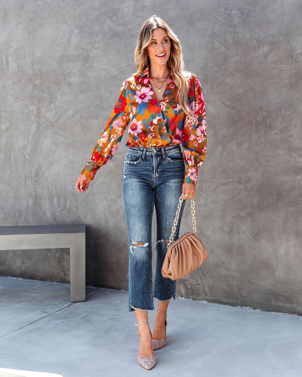 Back In Time Floral Satin Bodysuit - Marigold - FINAL SALE sold by Vici product image thumbnail 3