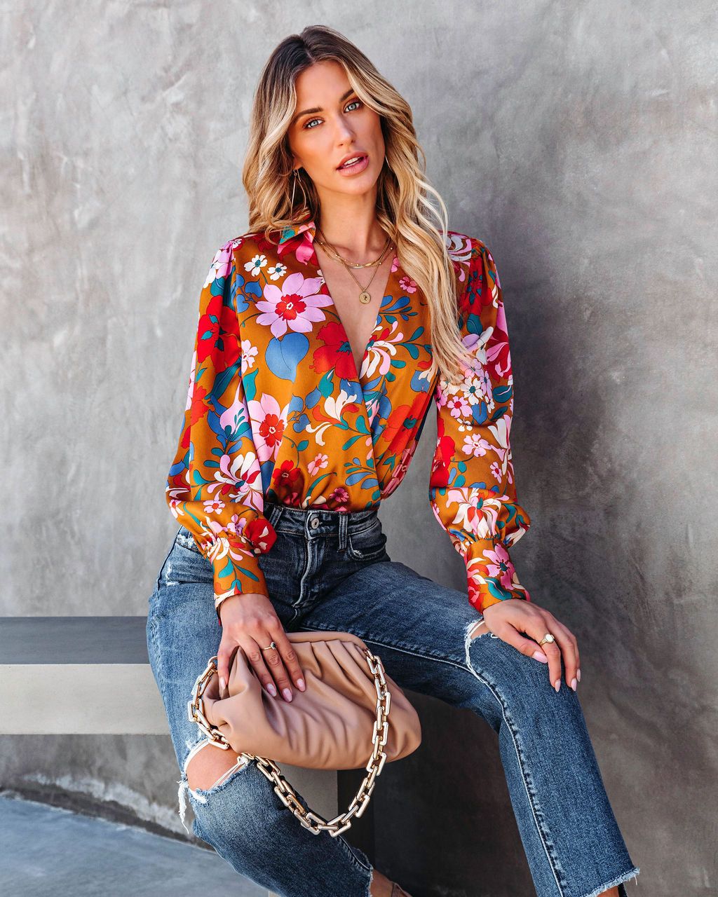 Back In Time Floral Satin Bodysuit - Marigold - FINAL SALE sold by Vici product image thumbnail 5