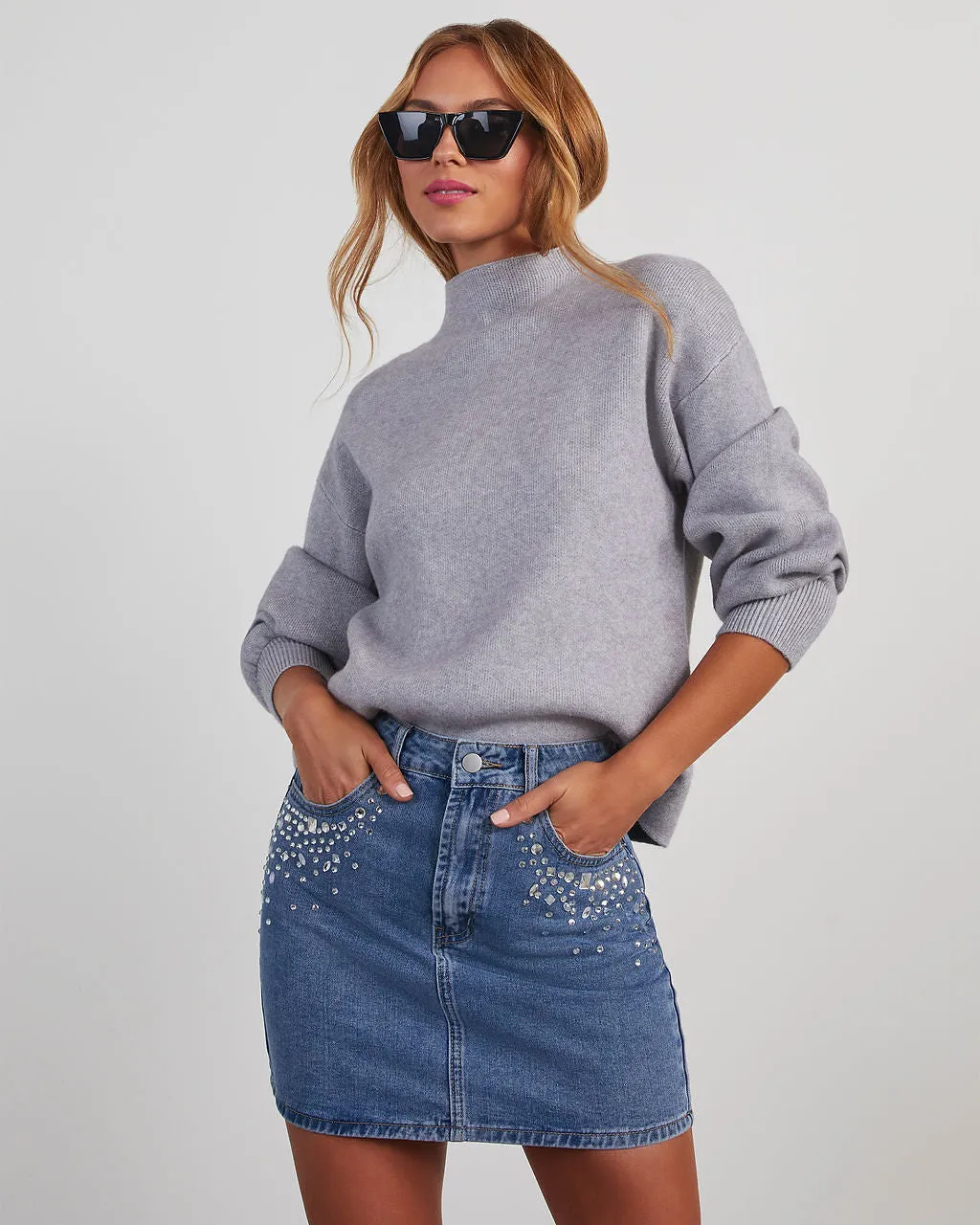 Kayley Rhinestone Denim Mini Skirt sold by Vici