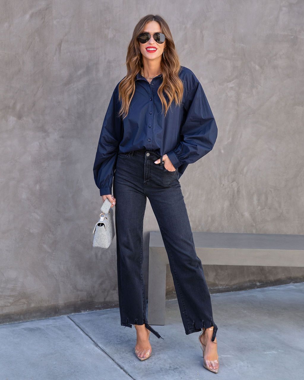 Colleen Cotton Button Down Top - Navy - FINAL SALE sold by Vici