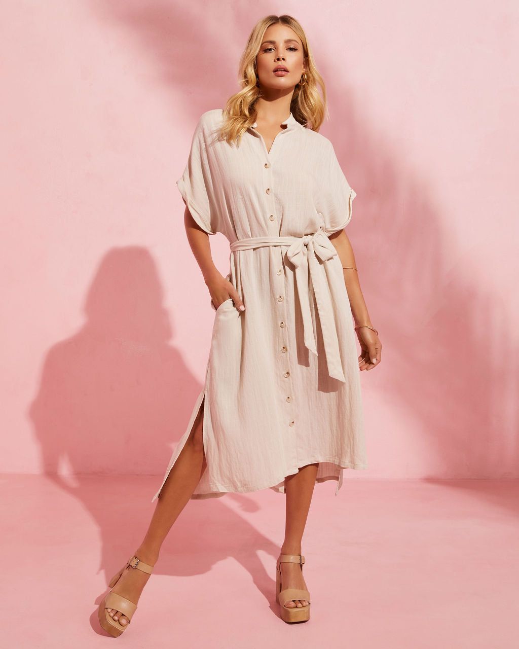 Serengeti Tie Waist Button Front Midi Dress - Natural - SALE sold by Vici