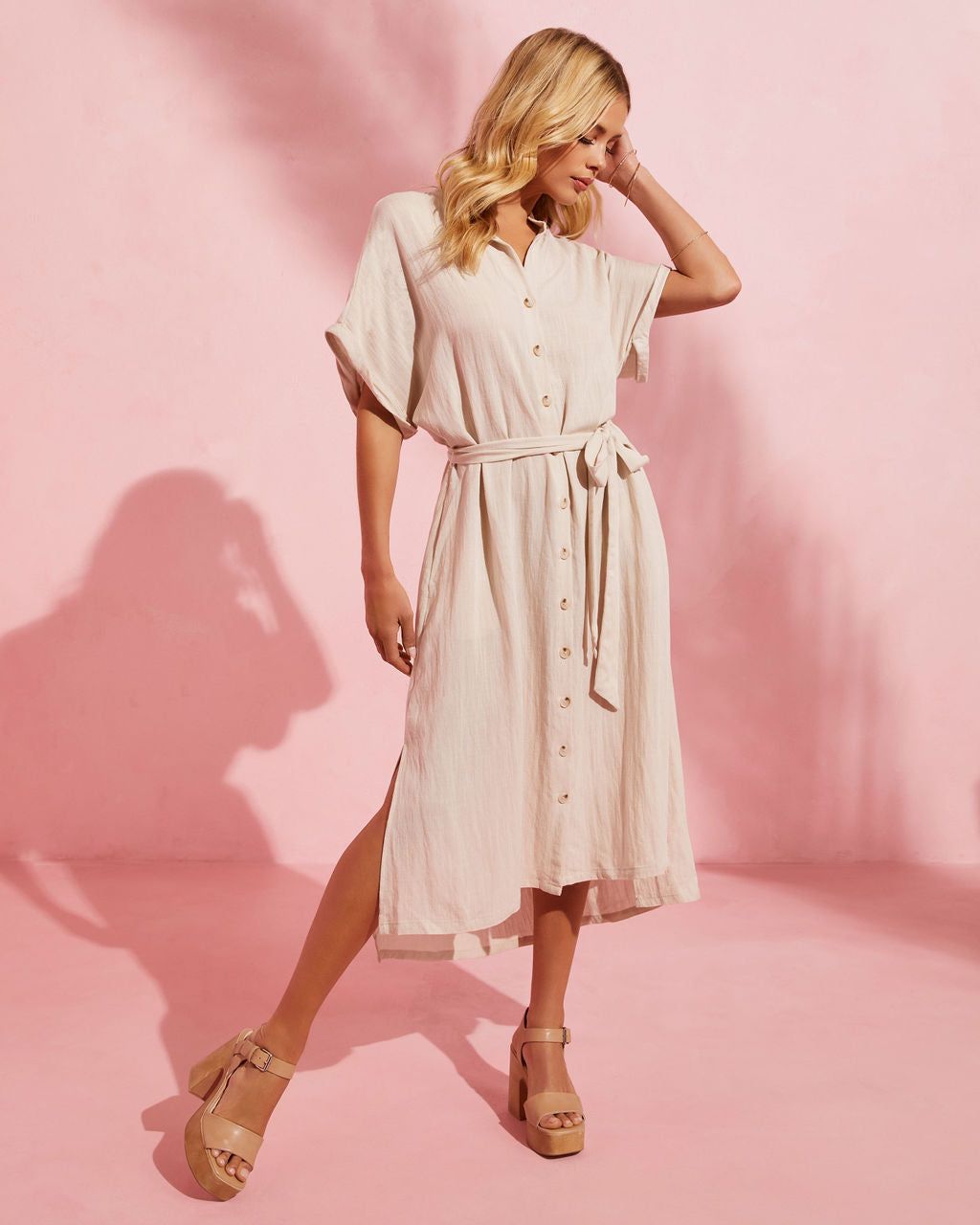 Serengeti Tie Waist Button Front Midi Dress - Natural - SALE sold by Vici product image thumbnail 6