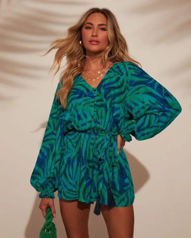 Crissy Tropical Print Waist Tie Romper sold by Vici