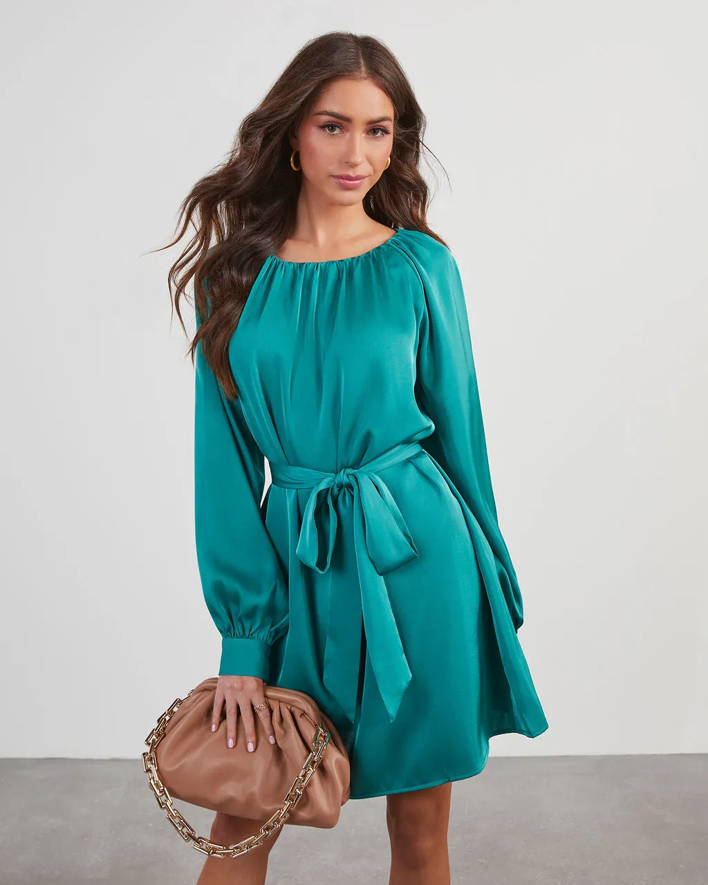 Decklan Satin Tie Waist Mini Dress sold by Vici