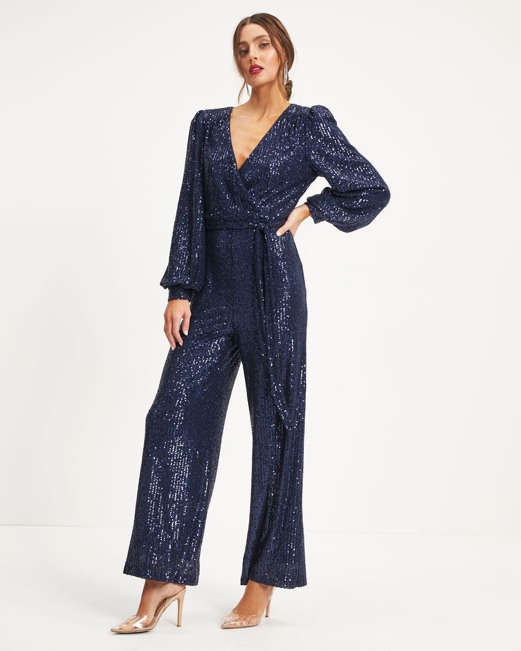 Whole New World Sequin Front Tie Jumpsuit sold by Vici