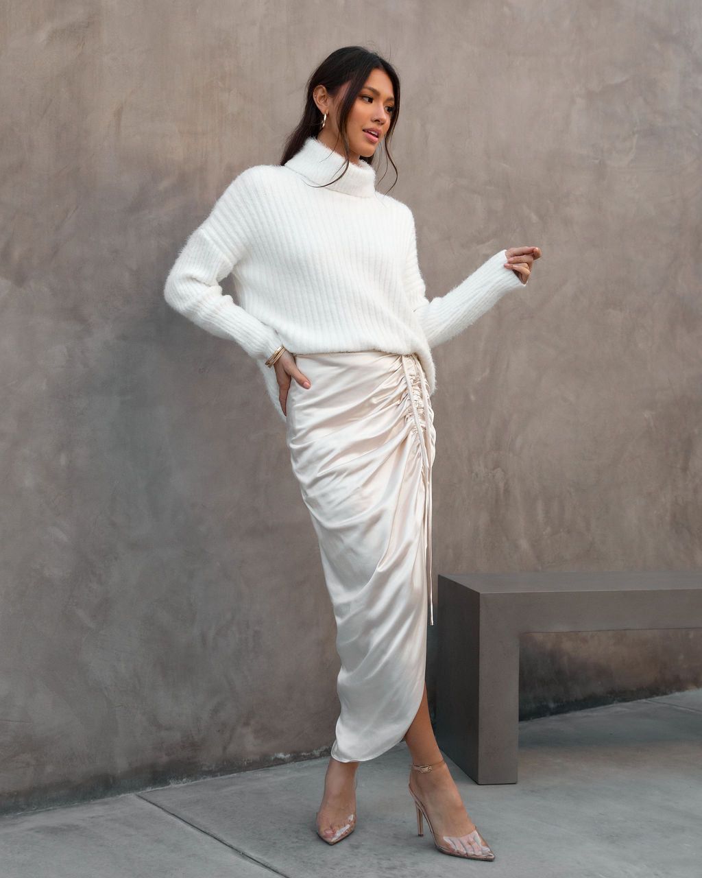 Clare Satin Ruched Maxi Skirt sold by Vici