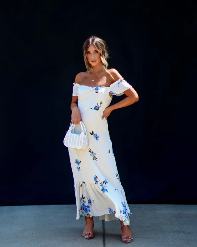Andie Off The Shoulder Floral Midi Dress - Blue/Cream - LAST CHANCE sold by Vici