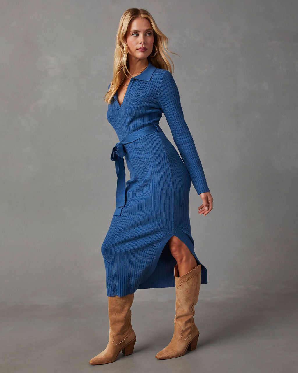 Asmara Tie Waist Midi Sweater Dress - Dark Blue sold by Vici product image thumbnail 6
