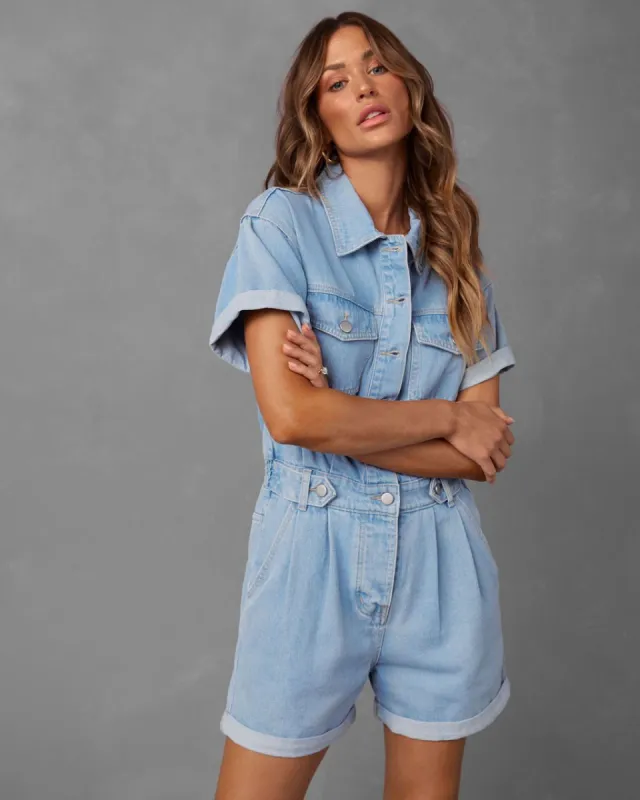Hot Shot Denim Romper sold by Vici