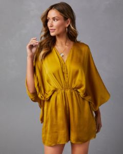 Maven Satin Kimono Sleeve Romper - Mustard - SALE sold by Vici