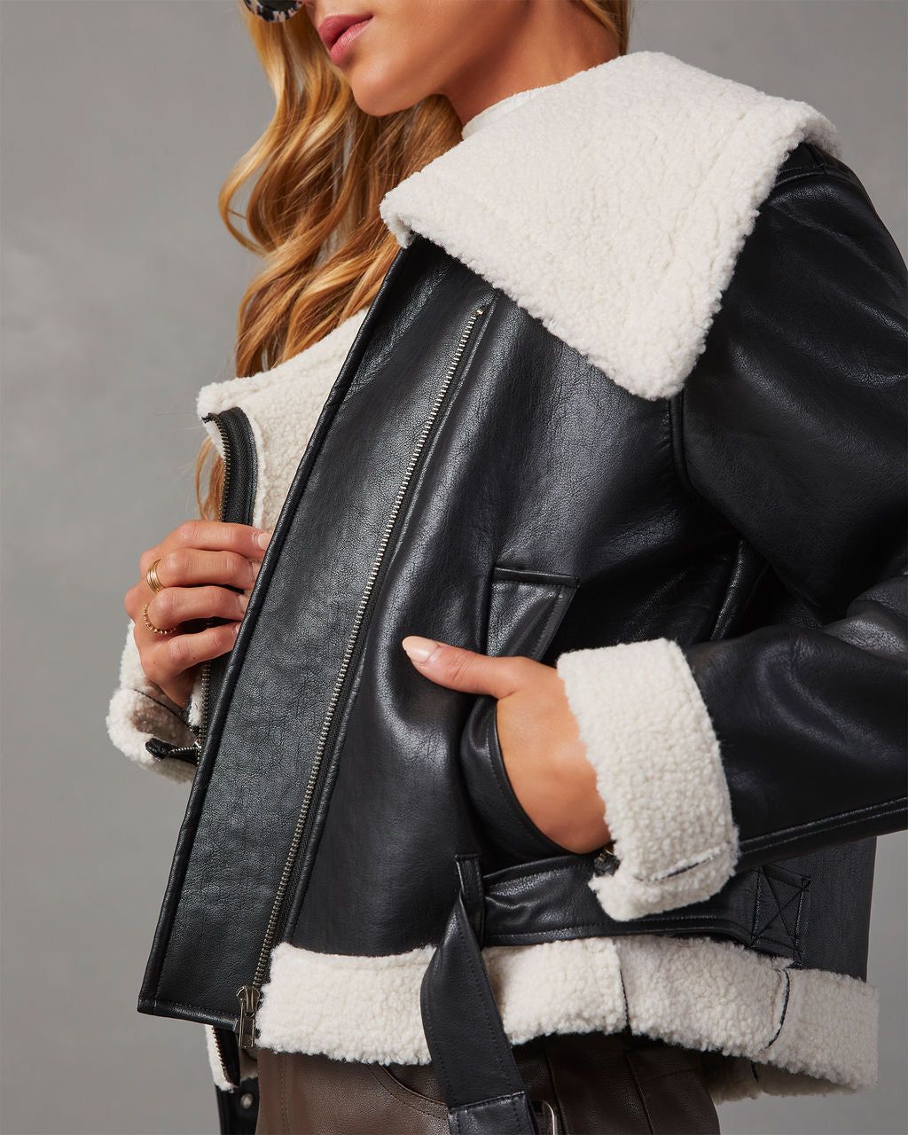 Bleeker Faux Leather Shearling Jacket - Black sold by Vici product image thumbnail 5