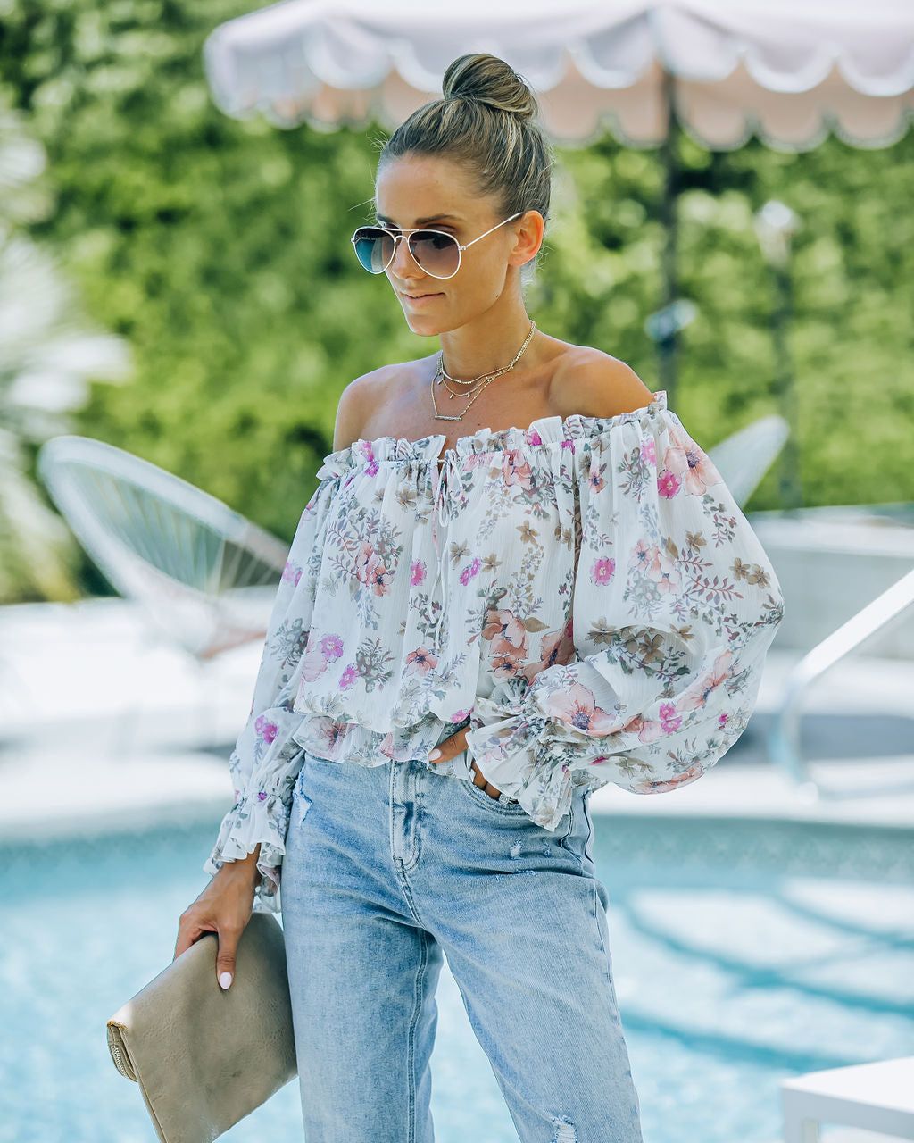 Ria Floral Chiffon Off The Shoulder Blouse - FINAL SALE sold by Vici